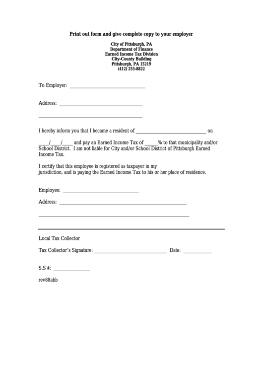Earned Income Tax Exemption Form - City Of Pittsburgh Printable pdf
