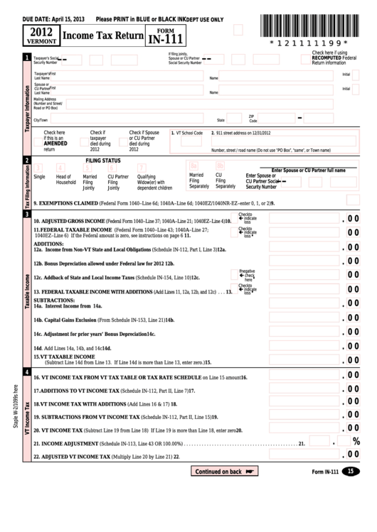 Form In-111 - Vermont Income Tax Return - 2012 Printable pdf