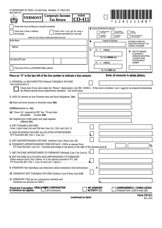 Form Co-411 - Vermont Corporate Income Tax Return Printable pdf