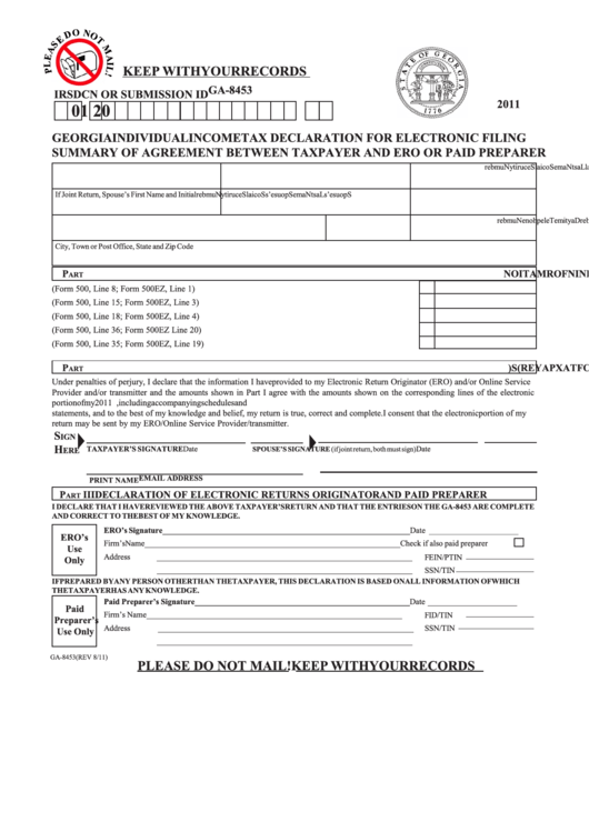Form Ga-8453 - Georgia Individual Income Tax Declaration For Electronic Filing Summary Of Agreement Between Taxpayer And Ero Or Paid Preparer - 2011 Printable pdf