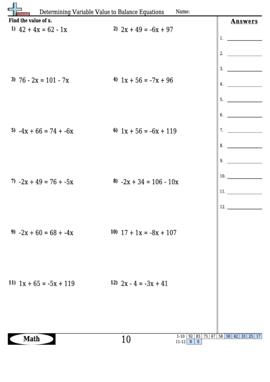 Determining Variable Value To Balance Equations - Equation Worksheet With Answers Printable pdf