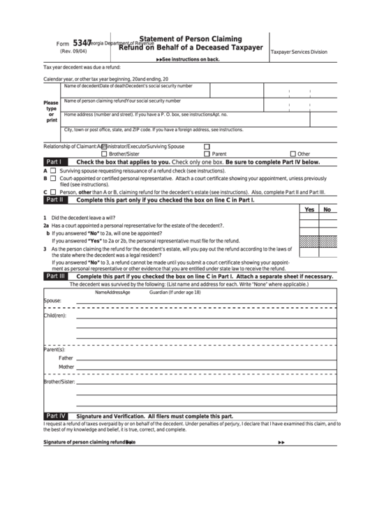 Form 5347 - Statement Of Person Claiming Refund On Behalf Of A Deceased Taxpayer Printable pdf