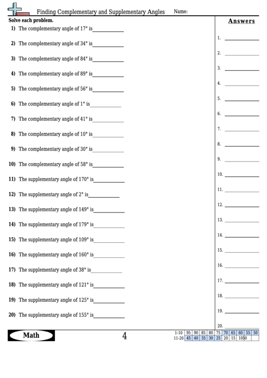 Finding Complementary And Supplementary Angles - Angle Worksheet With Answers Printable pdf