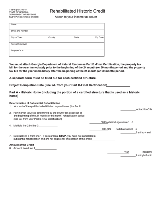 Form It-Rhc - Rehabilitated Historic Credit Printable pdf