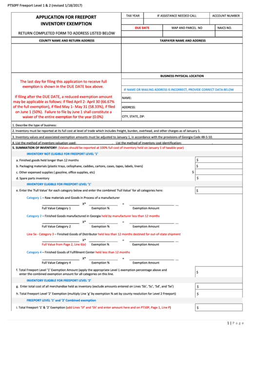 Form Pt-50pf - Application For Freeport Inventory Exemption