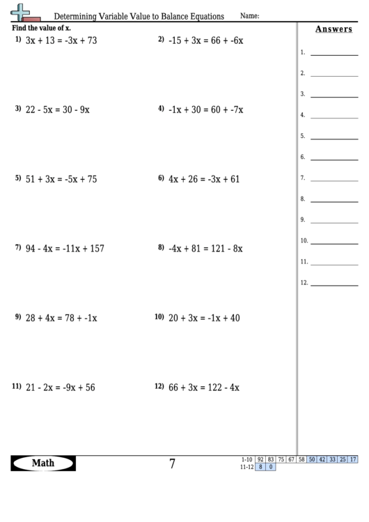 Determining Variable Value To Balance Equations - Equation Worksheet ...