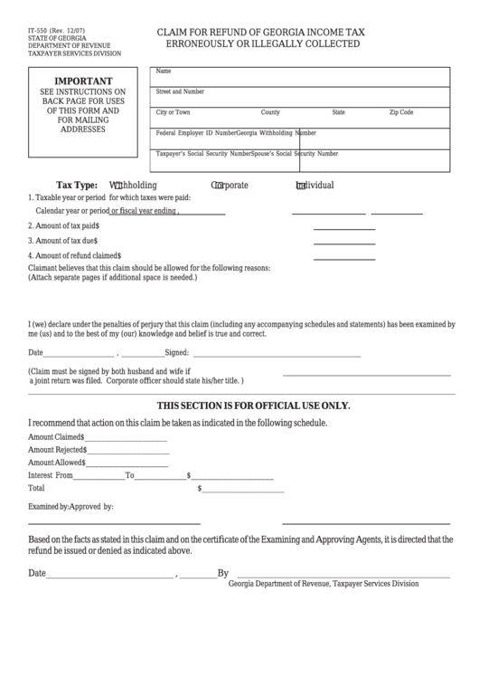 Form It-550 - Claim For Refund Of Georgia Income Tax Erroneously Or Illegally Collected Printable pdf