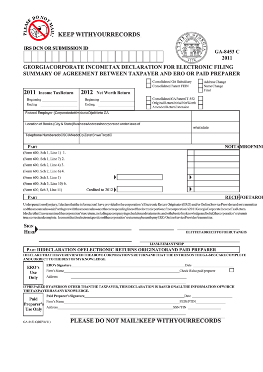 Form Ga-8453c - Corporate Income Tax Declaration For Electronic Filing Summary Of Agreement Between Taxpayer And Ero Or Paid Preparer - 2011 Printable pdf