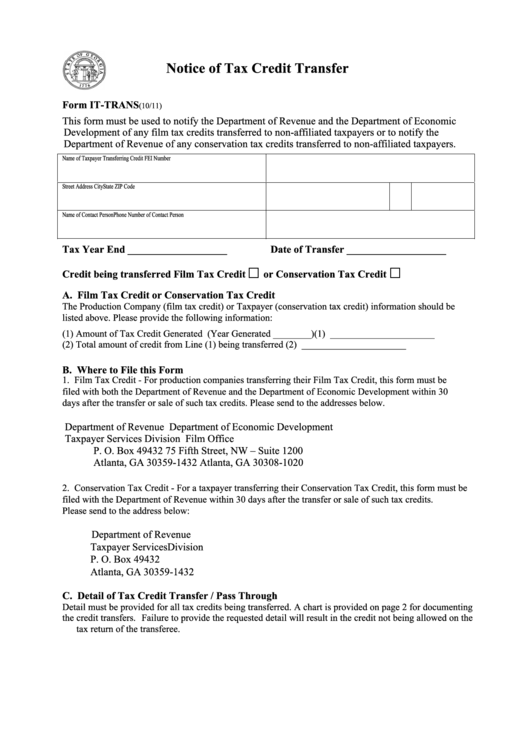 Fillable Form It-Trans - Notice Of Tax Credit Transfer Printable pdf