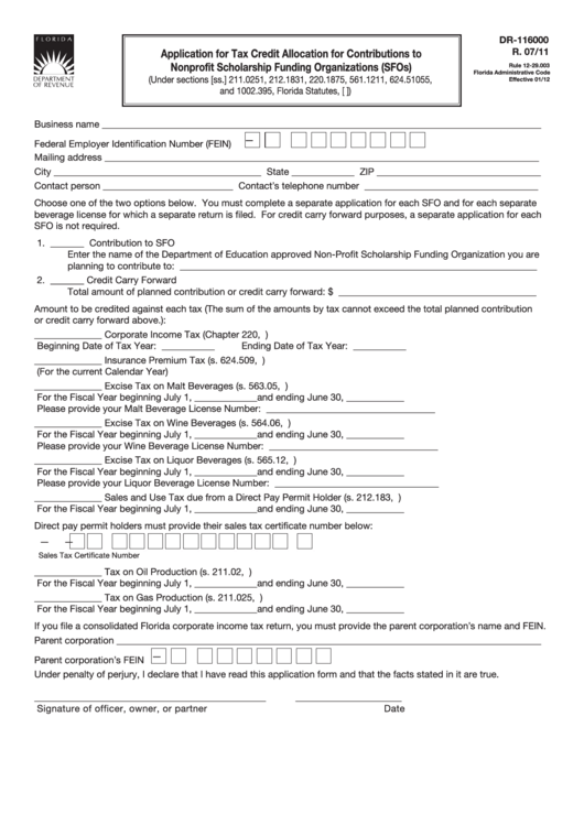 Form Dr-116000 - Application For Tax Credit Allocation For Contributions To Nonprofit Scholarship Funding Organizations (Sfos) Printable pdf