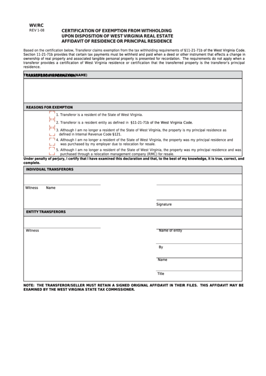 Form Wv/rc - Certification Of Exemption From Withholding Upon Disposition Of West Virginia Real Estate Affidavit Of Residence Or Principal Residence Printable pdf