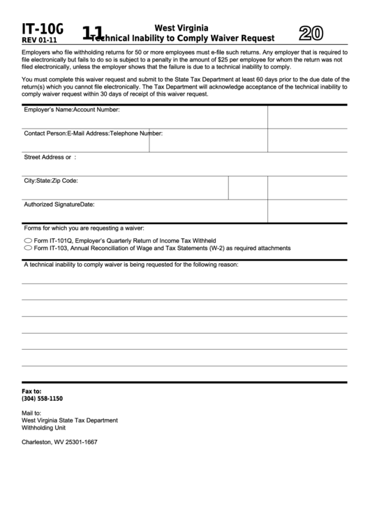 Form It-106 - West Virginia Technical Inability To Comply Waiver Request - 2011 Printable pdf