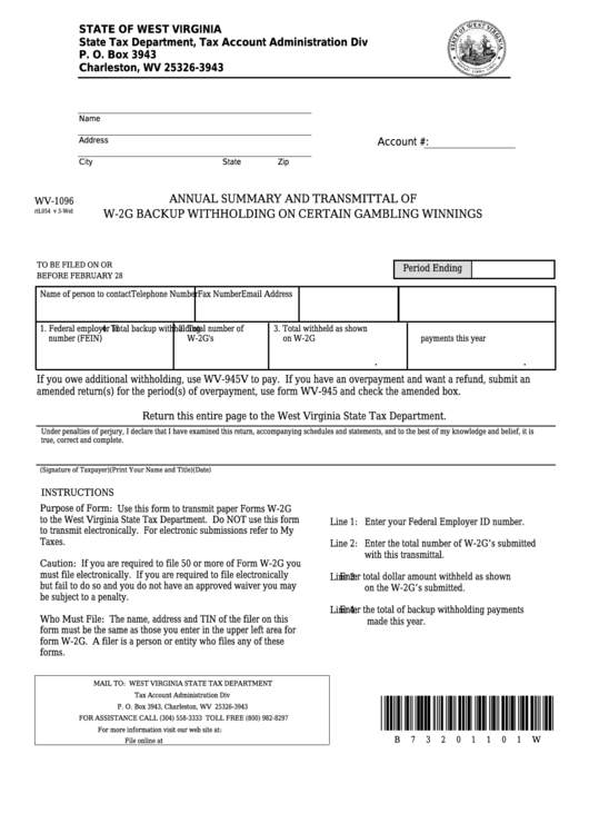Form Wv-1096 - Annual Summary And Transmittal Of W-2g Backup Withholding On Certain Gambling Winnings Printable pdf
