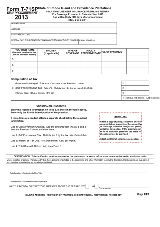 Fillable Form T-71sp - Self Procurement Insurance Premiums Return - 2013 Printable pdf