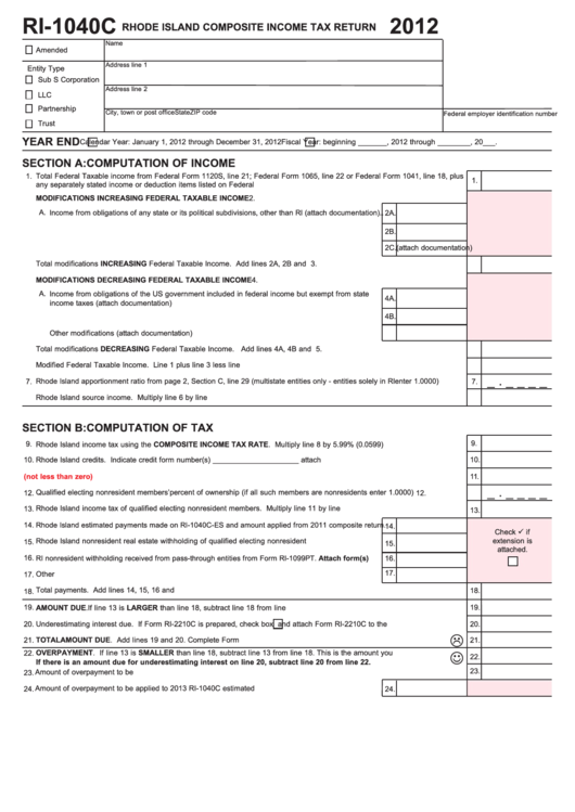 Fillable Form Ri-1040c - Rhode Island Composite Income Tax Return - 2012 Printable pdf