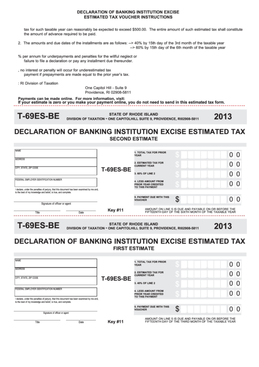 Fillable Form T-69es-Be - Declaration Of Banking Institution Excise Estimated Tax - 2013 Printable pdf