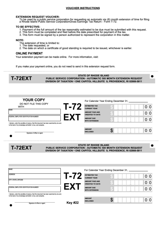 Fillable Form T-72ext - Public Service Corporation - Automatic Six Month Extension Request Printable pdf