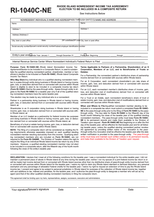 Fillable Form Ri-1040c-Ne - Rhode Island Nonresident Income Tax Agreement/ Election To Be Included In A Composite Return Printable pdf