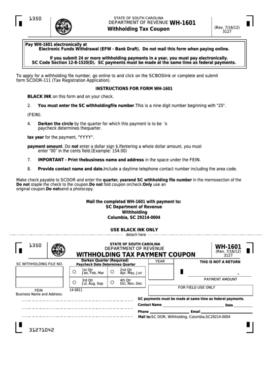 Fillable Form Wh-1601 - Withholding Tax Payment Coupon Printable pdf