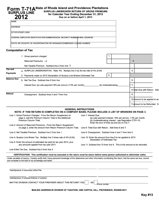 Fillable Form T-71a - Surplus Line Broker Return Of Gross Premiums - 2012 Printable pdf
