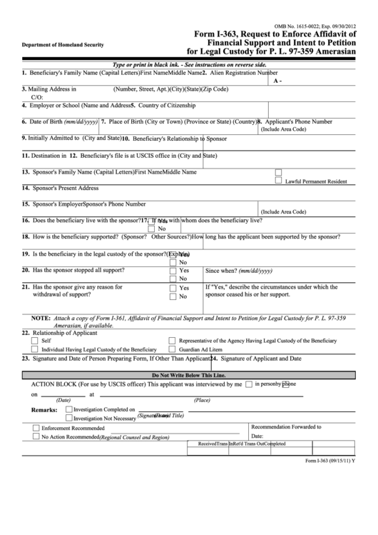 Fillable Form I-363 - Request To Enforce Affidavit Of Financial Support And Intent To Petition For Legal Custody Printable pdf