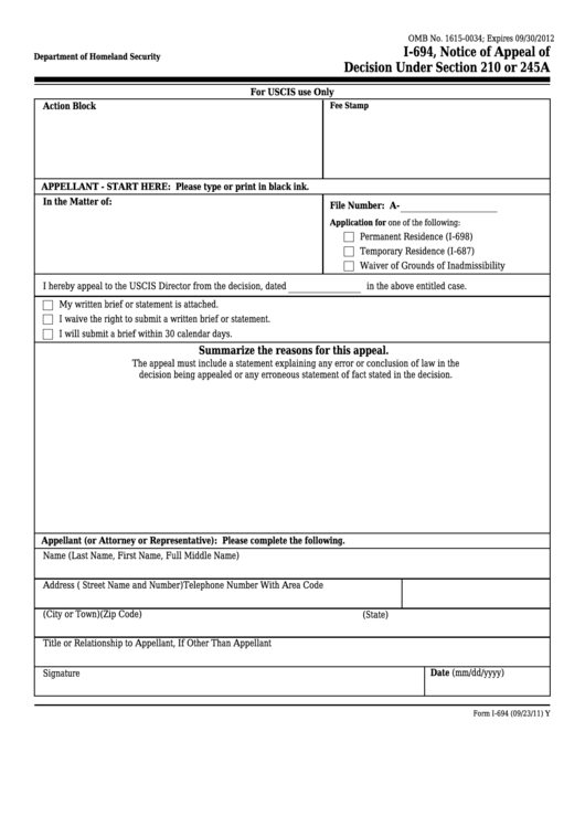 Fillable Form I-694 - Notice Of Appeal Of Decision Printable pdf