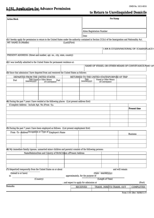 Fillable Form I-191 - Application For Advance Permission To Return To Unrelinquished Domicile Printable pdf