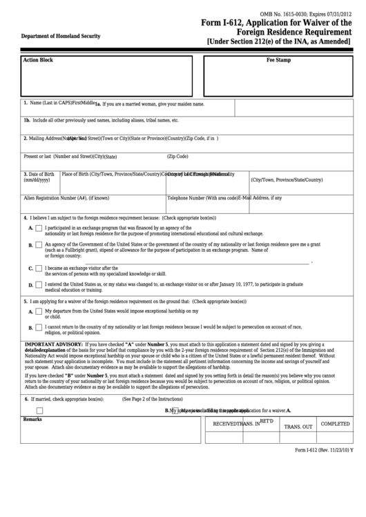 Fillable Form I-612 - Application For Waiver Of The Foreign Residence Requirement Printable pdf