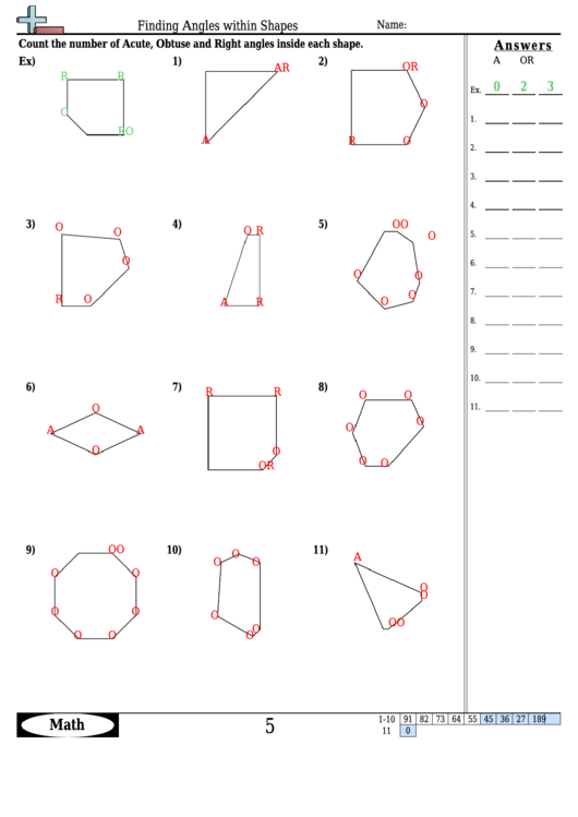 Finding Angles Within Shapes - Angles Worksheet With Answers Printable pdf