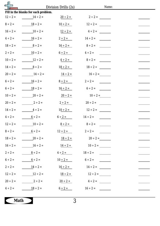 Division Drills (2s) - Division Worksheet With Answers Printable pdf