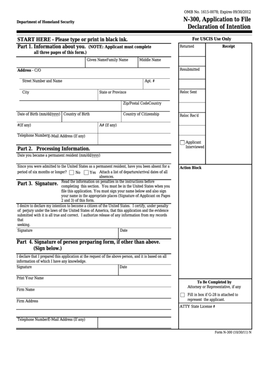 Fillable Form N-300 - Application To File Declaration Of Intention Printable pdf