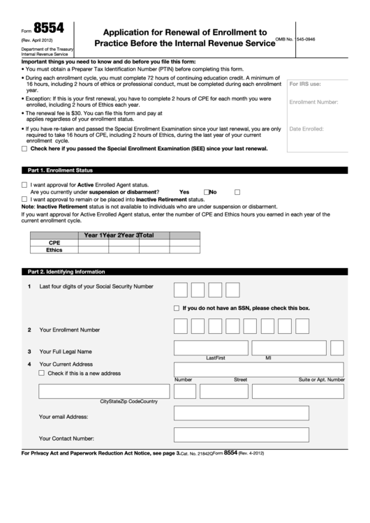 Fillable Form 8554 - Application For Renewal Of Enrollment To Practice Before The Internal Revenue Service Printable pdf