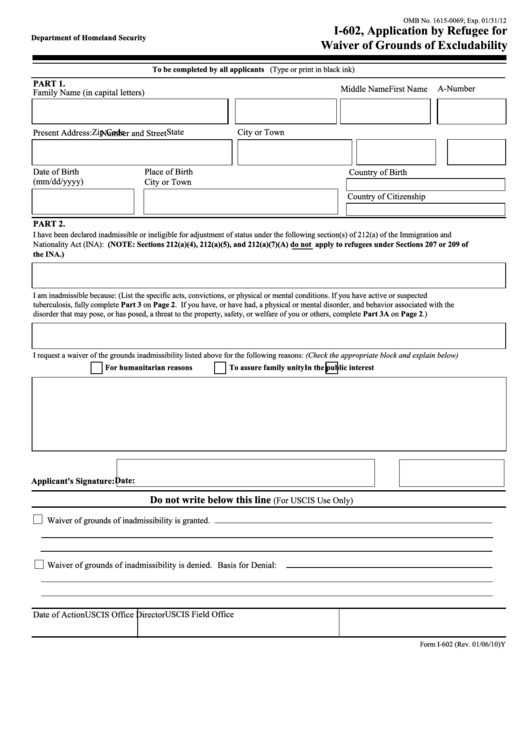 Fillable Form I-602 - Application By Refugee For Waiver Of Grounds Of Excludability Printable pdf