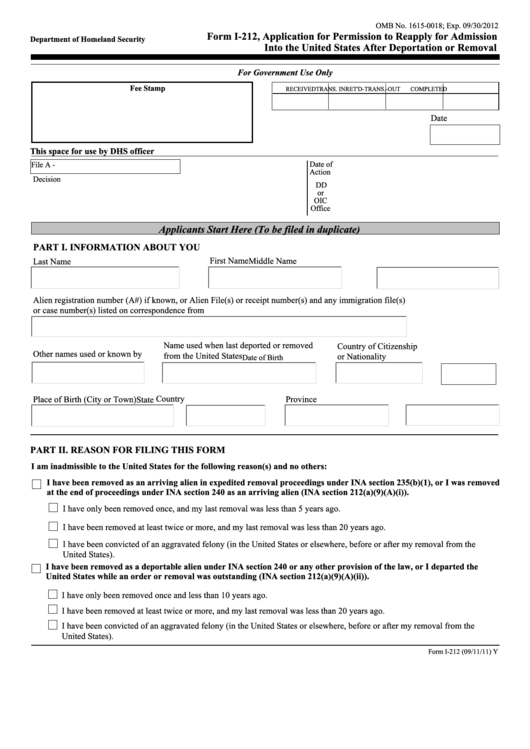Fillable Form I-212 - Application For Permission To Reapply For Admission Into The United States After Deportation Or Removal Printable pdf