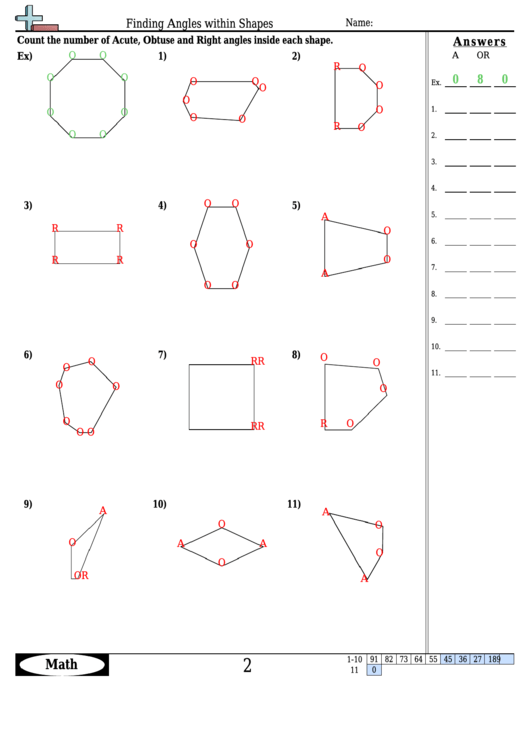 Finding Angles Within Shapes - Angle Worksheet With Answers Printable pdf