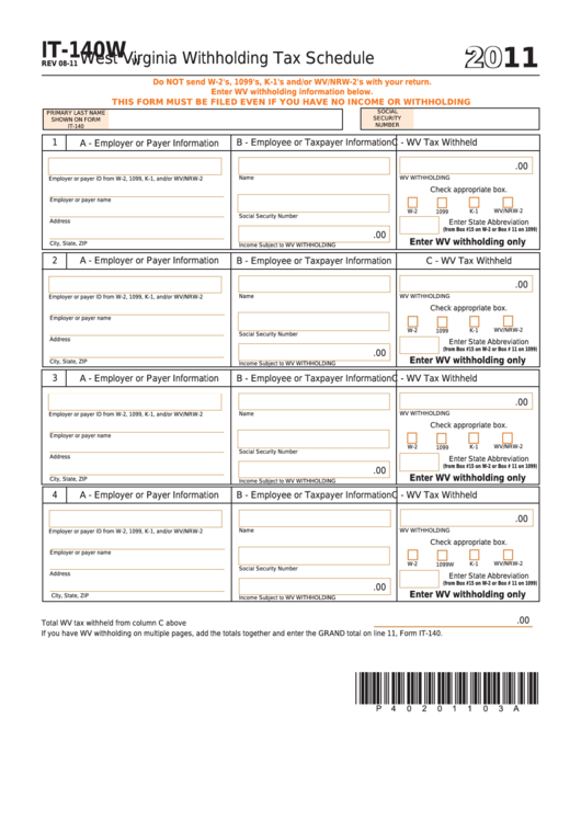 Form It-140w - West Virginia Withholding Tax Schedule - 2011 Printable pdf
