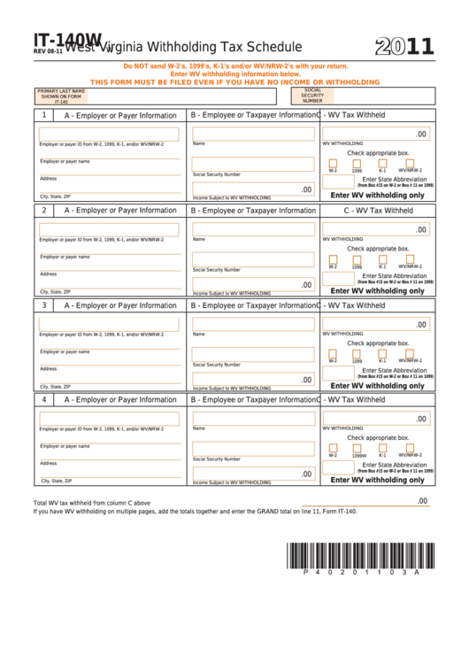 Form It 140w West Virginia Withholding Tax Schedule 2011 Printable Pdf Download