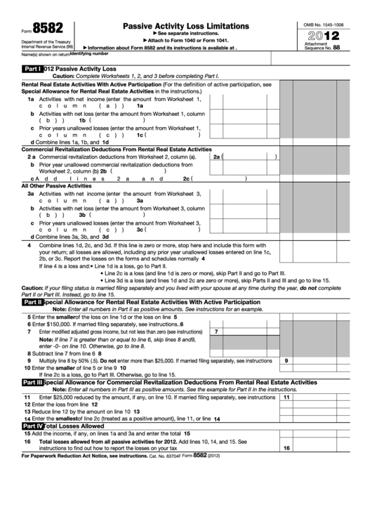Fillable Form 8582 - Passive Activity Loss Limitations - 2012 Printable pdf
