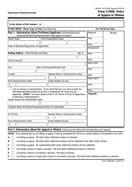 Fillable Form I-290b - Notice Of Appeal Or Motion Printable pdf
