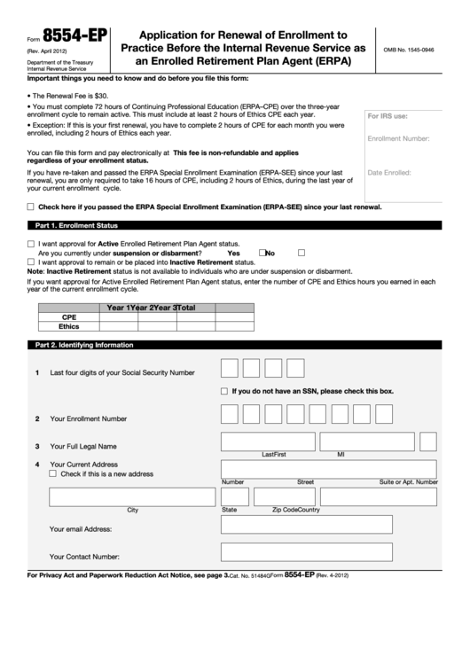 Fillable Form 8554-Ep - Application For Renewal Of Enrollment To Practice Before The Internal Revenue Service As An Enrolled Retirement Plan Agent (Erpa) Printable pdf