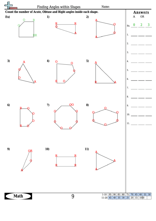 Finding Angles Within Shapes - Angle Worksheet With Answers Printable pdf