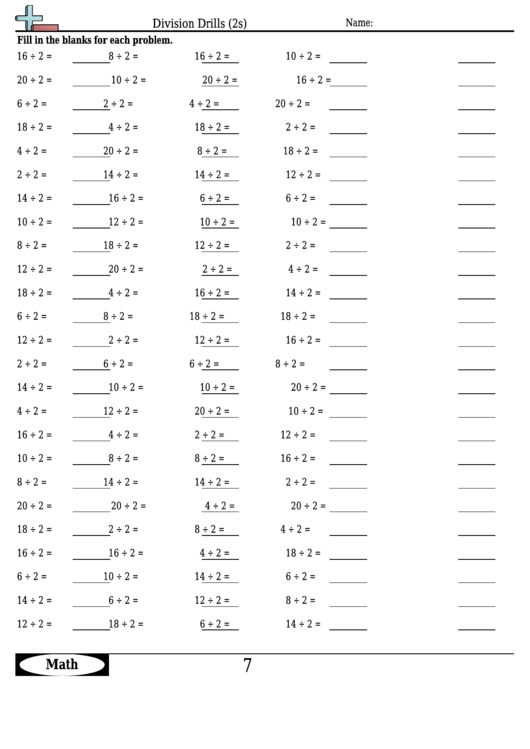 Division Drills (2s) - Division Worksheet With Answers Printable pdf