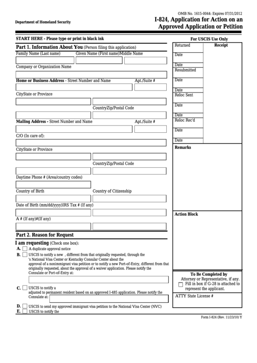 Fillable Form I-824 - Application For Action On An Approved Application Or Petition Printable pdf