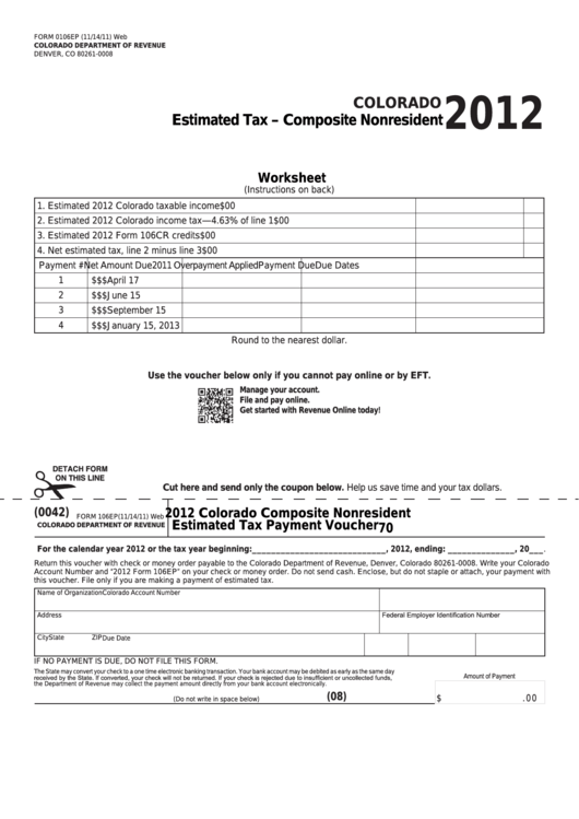 Fillable Form 0106ep - Estimated Tax - Composite Nonresident Worksheet - 2012 Printable pdf