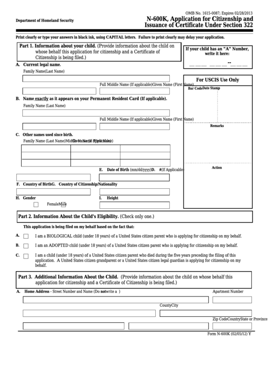 Fillable Form N-600k - Application For Citizenship And Issuance Of Certificate Printable pdf