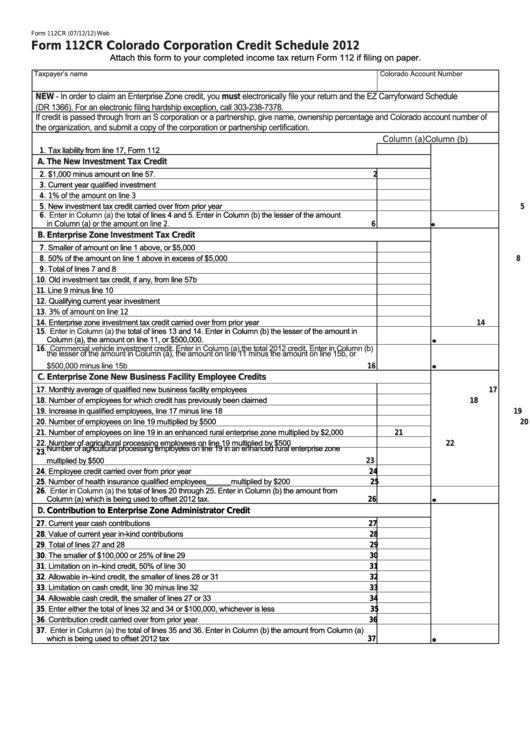 Fillable Form 112cr - Colorado Corporation Credit Schedule - 2012 Printable pdf