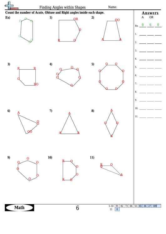 Finding Angles Within Shapes - Angle Worksheet With Answers Printable pdf