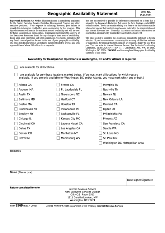 Fillable Form 8569 - Geographic Availability Statement Printable pdf