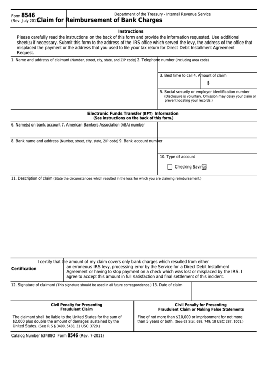 Fillable Form 8546 - Claim For Reimbursement Of Bank Charges Printable pdf