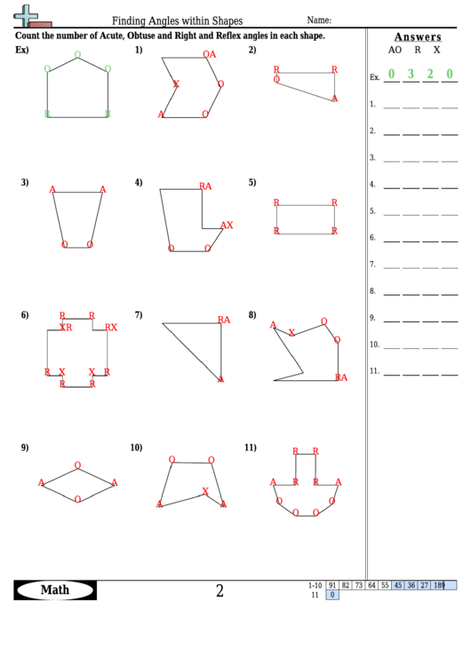 Finding Angles Within Shapes - Angle Worksheet With Answers Printable pdf